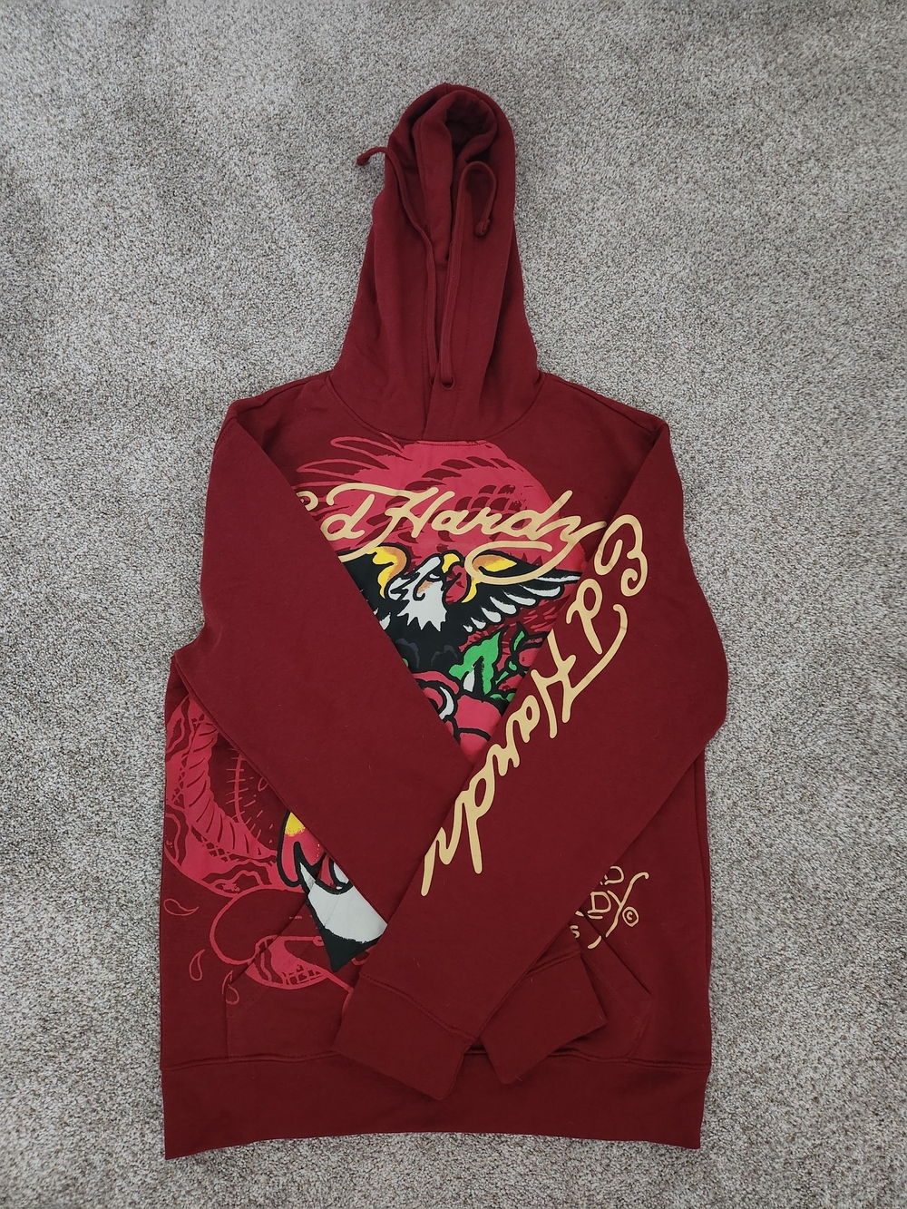 Ed Hardy Maroon Crewneck Hoodie with Multicolor Tattoo Graphic
